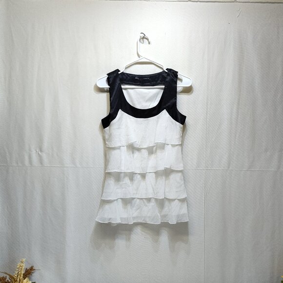 Maurices White Layered Ruffle Tank Top Black Contrast Trim Small Polyester EUC - Picture 1 of 7